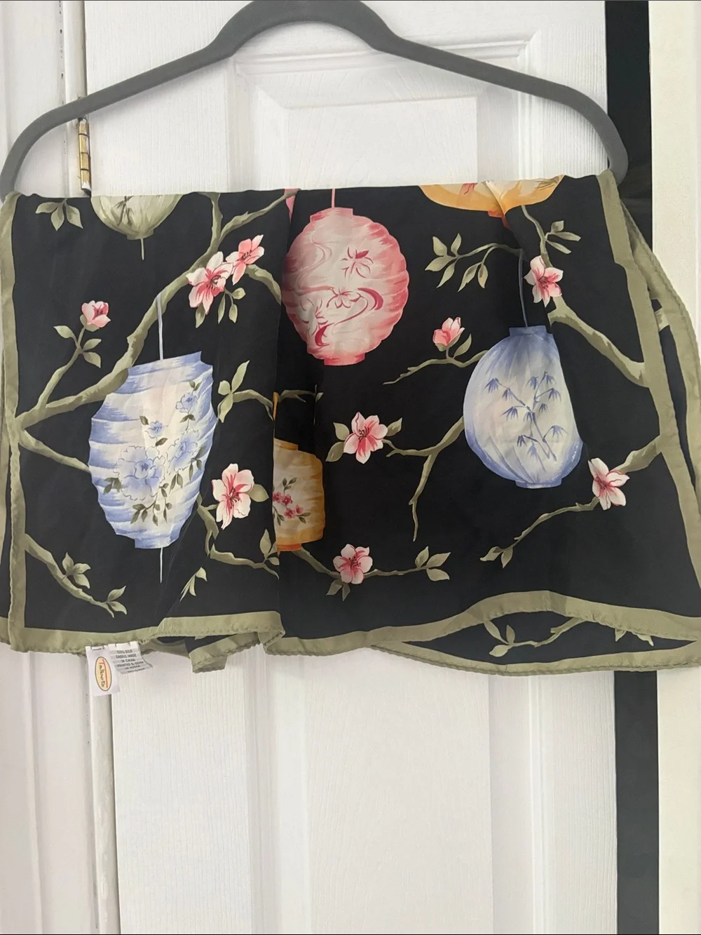 Talbots Black Floral Lantern Print Silk Scarf with Pink and Green Accents